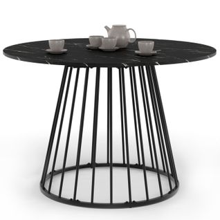 Table à Manger Ronde Yuna 6 Personnes Plateau Effet Marbre Noir Alaska Et Pied Filaire En Métal Noir