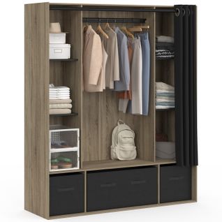 Dressing Penderie Diane 140 X 45 X 167 Cm Hêtre Avec Étagères + Boites De Rangement + Rideau Noir