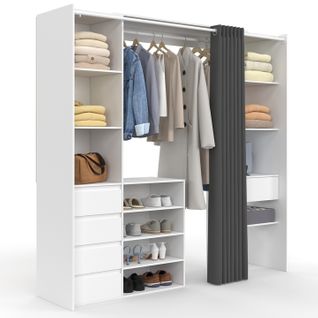 Dressing Extensible Double XXL Meryl 120/180 Cm Blanc Avec Tiroirs + Étagères + Penderie + Rideau Gr