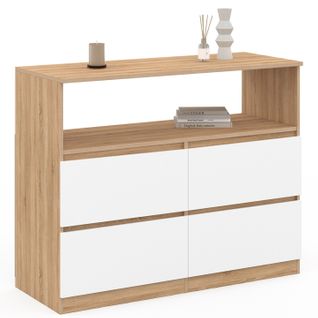 Commode 4 Tiroirs Tomi 100 Cm Avec Niche Façon Hêtre Et Blanc