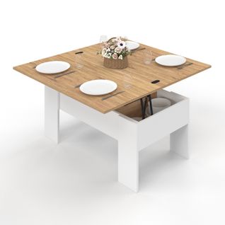 Table Basse Rectangulaire Plateau Relevable Convertible En Table à Manger Tara Bois Blanc Et Imitati