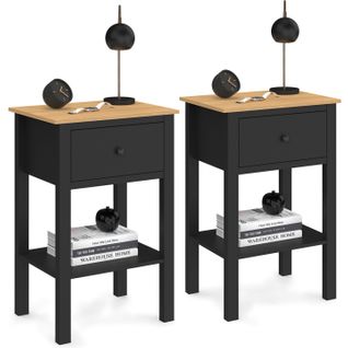 Lot De 2 Tables De Chevet Achille 1 Tiroir Et 1 Tablette Noir Et Bois