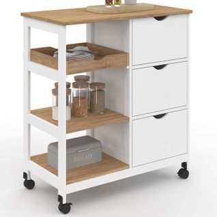 Desserte De Cuisine Muna 3 Paniers + 1 Plateau Amovible Blanc Et Effet Hêtre L.76 Cm