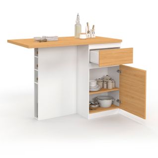 Ilot Central Tino 120 Cm Avec Range-bouteilles 4 Personnes Bois Blanc Avec Plan De Travail Façon Hêt
