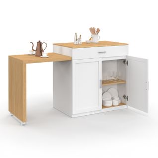 Ilot Central Vito 94-155 Cm Bois Blanc Avec Table à Manger Extensible Intégrée Façon Hêtre