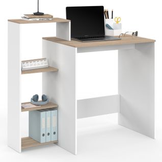 Bureau Avec Étagères Modulables Latérales Lilian Bois Façon Hêtre Et Blanc