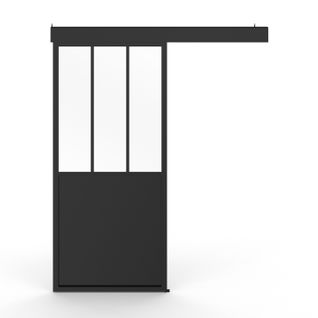 Kit Porte Coulissante Verrière Verre Trempé 93 Cm En Métal + Mdf Avec Rail Et Fixations