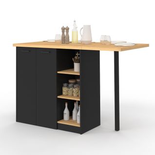 Ilot Central Cesar 140 Cm 5 Personnes Bois Noir Avec Plan De Travail Façon Hêtre