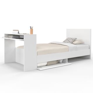 Lit Simple Omaha 90 X 190 Cm Avec Sommier, Tête De Lit, Bureau Et Rangements Blanc