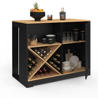 Table De Bar Îlot Vito 113 Cm Avec Range Bouteilles Bois Noir Et Plateau Façon Hêtre