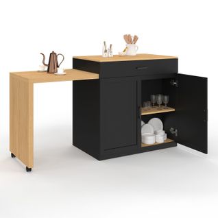 Ilot Central Vito 94-155 Cm Bois Noir Avec Table à Manger Extensible Intégrée Façon Hêtre