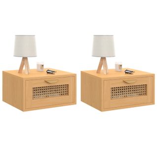 Lot De 2 Tables De Chevet Murales Edhen 1 Tiroir Étagère Suspendue Cannage Et Bois