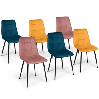 Lot De 6 Chaises Mila En Velours Mix Color Bleu X2, Jaune Ocre X2, Rose X2