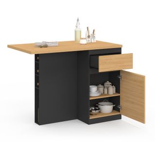 Ilot Central Tino 120 Cm Avec Range-bouteilles 4 Personnes Bois Noir Avec Plan De Travail Façon Hêtr