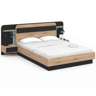 Lit Double Nathan 140 X 190 Cm Avec Tête De Lit, Chevets Suspendus, Étagère, LED Et Sommier Bois Et