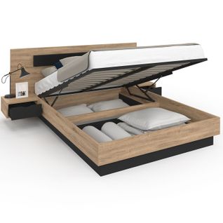 Lit Coffre Double Santa Avec Tête De Lit + Tables De Chevets Intégrées Et Sommier 140 X 190 Cm Bois
