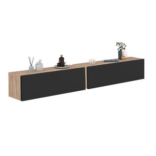 Lot De 2 Consoles Suspendues Étagères Murales Elyos 1 Porte Bois Et Noir