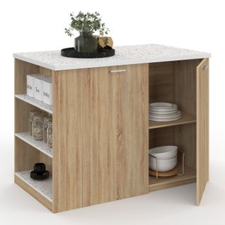 Ilot Central Tibo 120 Cm Bois Façon Hêtre Avec Plan De Travail Effet Terrazzo Simone