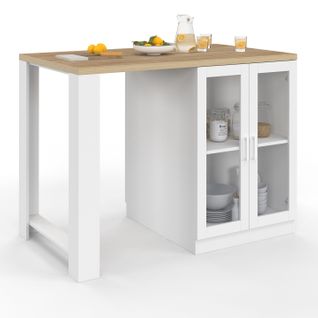 Ilot Central Lino 120 Cm 2 Personnes Bois Blanc Et Plan De Travail Façon Hêtre Et Portes Vitrées