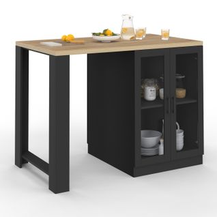 Ilot Central Lino 120 Cm 2 Personnes Bois Noir Avec Plan De Travail Façon Hêtre Et Portes Vitrées