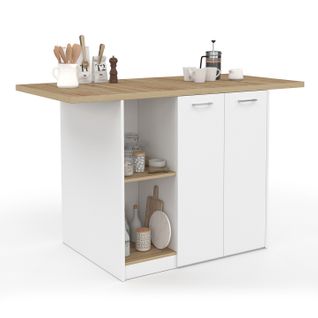 Ilot Central Bao 140 Cm 4 Personnes Bois Blanc Avec Plan De Travail Façon Hêtre