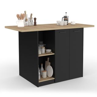 Ilot Central Bao 140 Cm 4 Personnes Bois Noir Avec Plan De Travail Façon Hêtre