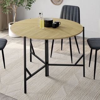 Table à Manger Pliante Ronde Yael 4 Personnes Bois Et Noir Design Industriel 110 Cm
