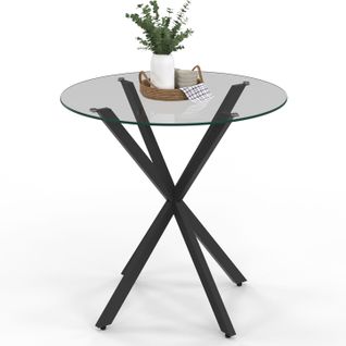 Table à Manger Ronde Alix 4 Personnes Pied Araignée Noir Et Plateau Verre 80 Cm