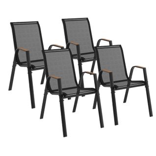 Lot De 4 Chaises De Jardin Noumea Métal Et Textilène Empilables Noir Et Bois