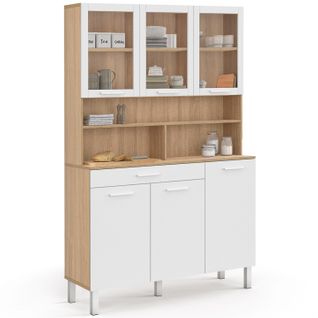 Buffet De Cuisine Vitré 120 Cm Cina 6 Portes + Tiroir Façon Hêtre Et Blanc