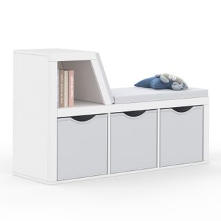 Bibliothèque Banc Oscar 4 Cases Avec Coussins Gris Et Bacs Tissus 102 Cm Blanc