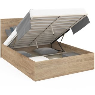 Lit Coffre Double Seaside Avec Tête De Lit Et Sommier 160 X 200 Cm Façon Hêtre