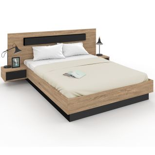 Lit Double Santa Avec Tête De Lit + Tables De Chevet Intégrées Et Sommier 160 X 200 Cm Bois Et Noir