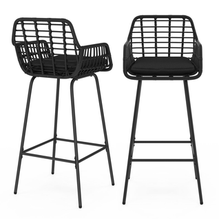 Lot De 2 Tabourets De Bar Summer Avec Accoudoirs Effet Rotin Noir Pied Métal Noir
