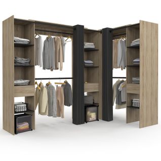 Dressing Extensible D'angle Marlon 230 X 140 X 180 Cm Cm Hêtre Avec Penderies + Étagères + Rideaux N