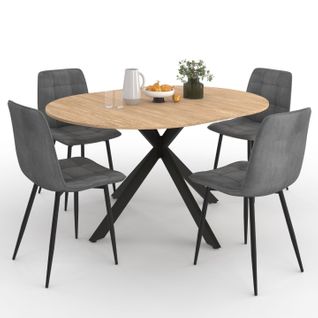 Ensemble Table à Manger Ronde Extensible Alix 110 - 150 Cm Et 4 Chaises Mila En Velours Gris Foncé