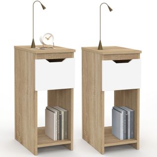 Lot De 2 Tables De Chevet Étroites Anouk 1 Tiroir Avec Niche Bois Façon Hêtre Et Blanc