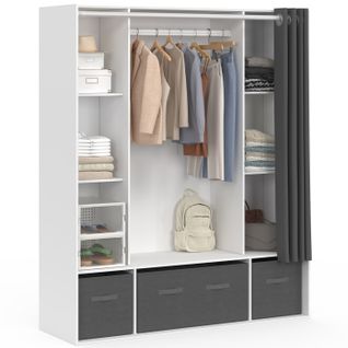 Dressing Double Penderie Diane 140 X 45 X 167 Cm Blanc Avec Étagères + Boites De Rangement + Rideau