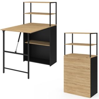 Bureau Bibliothèque Pliable Ray Plateau Rabattable Bois Façon Hêtre Et Noir