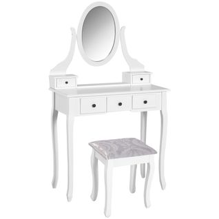 Coiffeuse Et Tabouret Style Baroque 5 Tiroirs Mdf Bois Blanc
