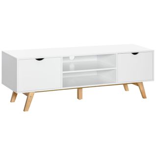 Meuble TV Bas Sur Pieds Style Scandinave 2 Portes 2 Niches Blanc Bois Hévéa