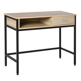 Bureau Style Industriel Casier + Tiroir Coulissant Métal Noir Chêne Clair