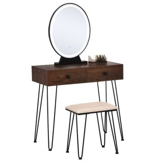 Coiffeuse Design - Miroir LED Intégré - 2 Tiroirs + 1 Organisateur - Tabouret Inclus