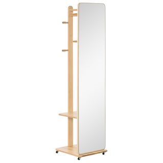 Miroir Sur Pied Avec Roulettes - Portant, 4 Patères Étagère - Aspect Bois