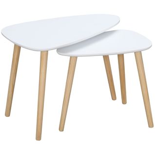 Lot De 2 Tables Basses Gigognes Scandinave Bois Clair Blanc Pieds Effilés Bois Pin