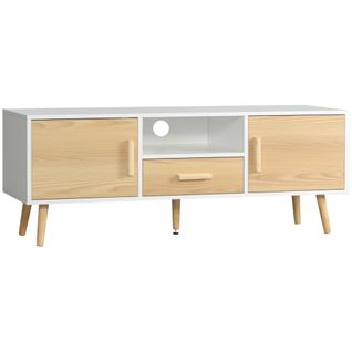 Meuble TV Bas Sur Pied Style Scandinave Mdf Blanc Aspect Bois Clair