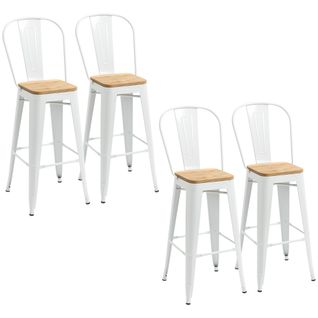 Lot De 4 Tabourets De Bar Industriel Acier Blanc Bois D'orme