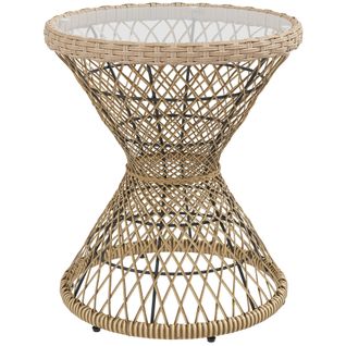 Table Basse Ronde De Jardin En Résine Aspect Rotin Métal Beige