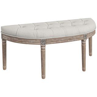 Banc Bout De Lit Demi-lune Style Louis Xvi Bois Sculpté Patiné Tissu Grège