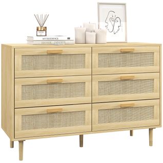 Commode 6 Tiroirs Style Bohème Chic Cannage Rotin Aspect Bois Clair